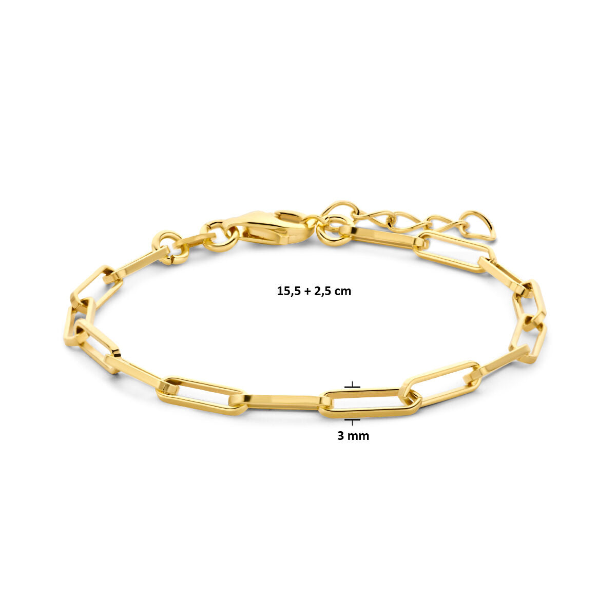 Armband Büroklammer Vierkantrohr 3,0 mm 15,5 + 2,5 cm 3 Mikron Silber vergoldet (gelb)