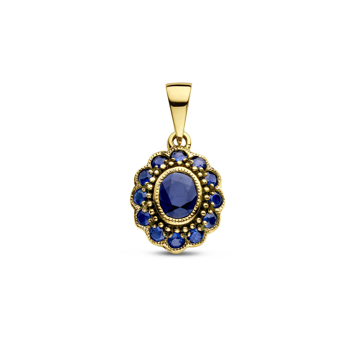 Hänger aus 14K Gelbgold mit ovalem Saphir und blauen Edelsteinen in blütenförmigem Design
