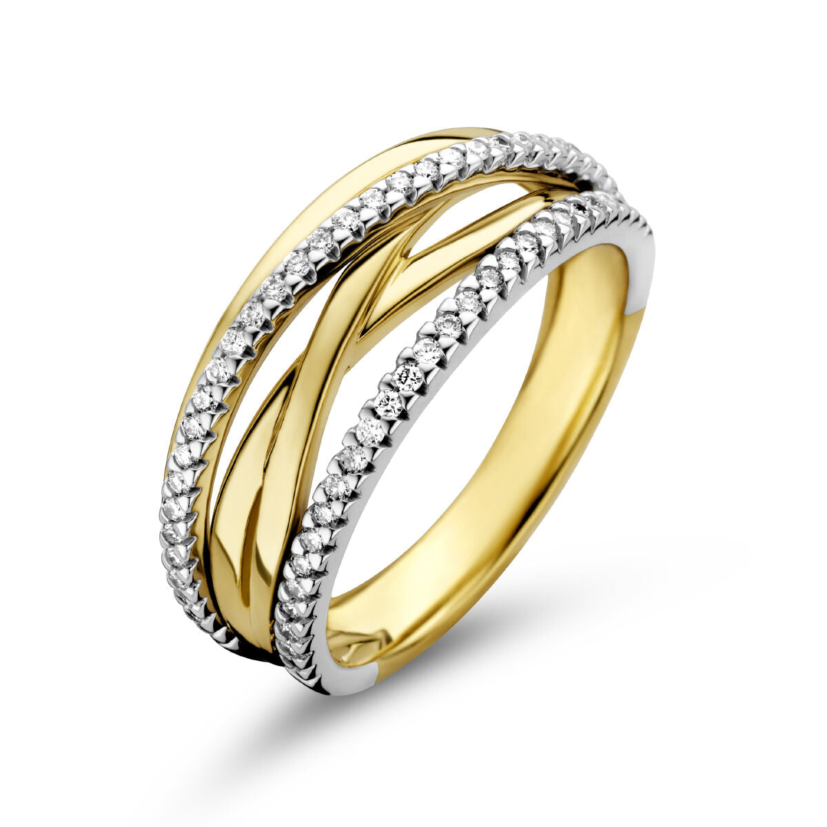 Ring aus 14K bicolor Gold mit gelbem und weißem Gold, besetzt mit Diamanten und geschwungenem Design