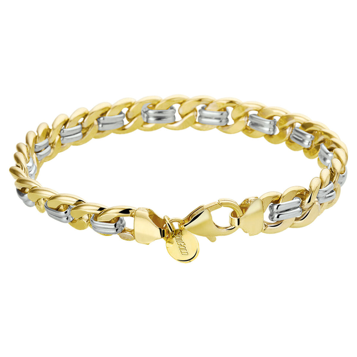 Armband aus bicolor Gold mit silberner Mitte und 8 mm breiten, geschliffenen Gourmette-Gliedern