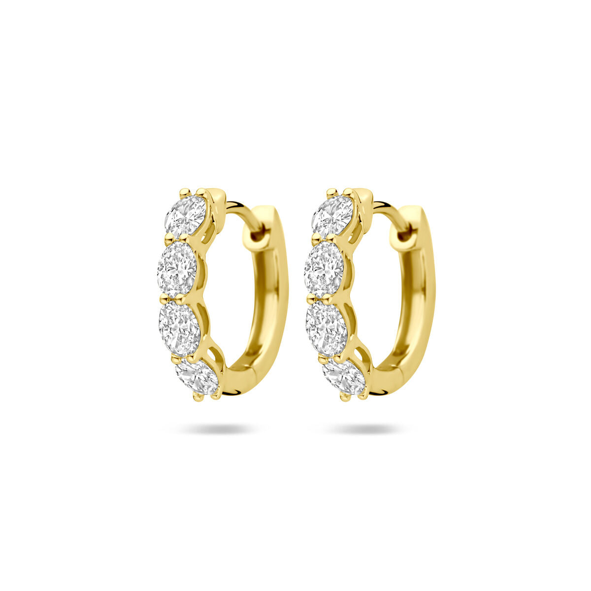 Klapp-Ohrringe aus 14K Gelbgold mit fünf weißen, funkelnden lab-grown Diamanten in ovaler Form