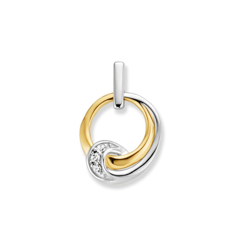 Bicolor Hänger aus Weiß- und Gelbgold mit Zirkonia, geschwungene Form und glänzende Oberfläche
