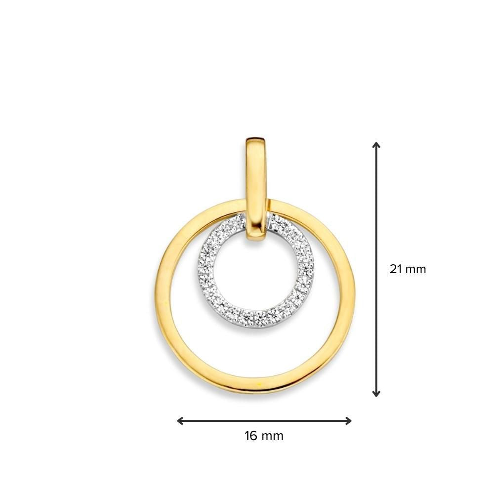 Verspielter Goldanhänger mit zwei ineinandergreifenden Kreisen – 14 Karat Gelb-/Weißgold – 16 mm Durchmesser
