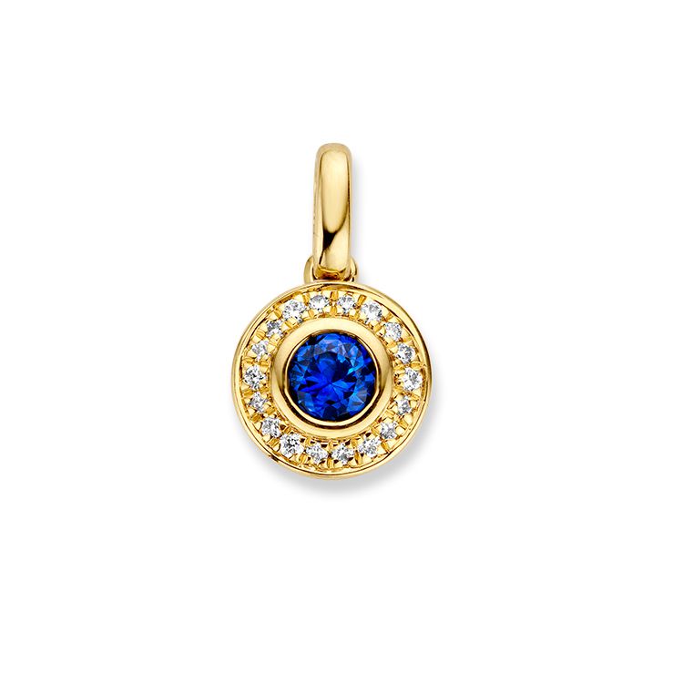 Gelbgoldener Anhänger mit brillantgeschliffenem Saphir und Diamanten, 14 Karat Gold