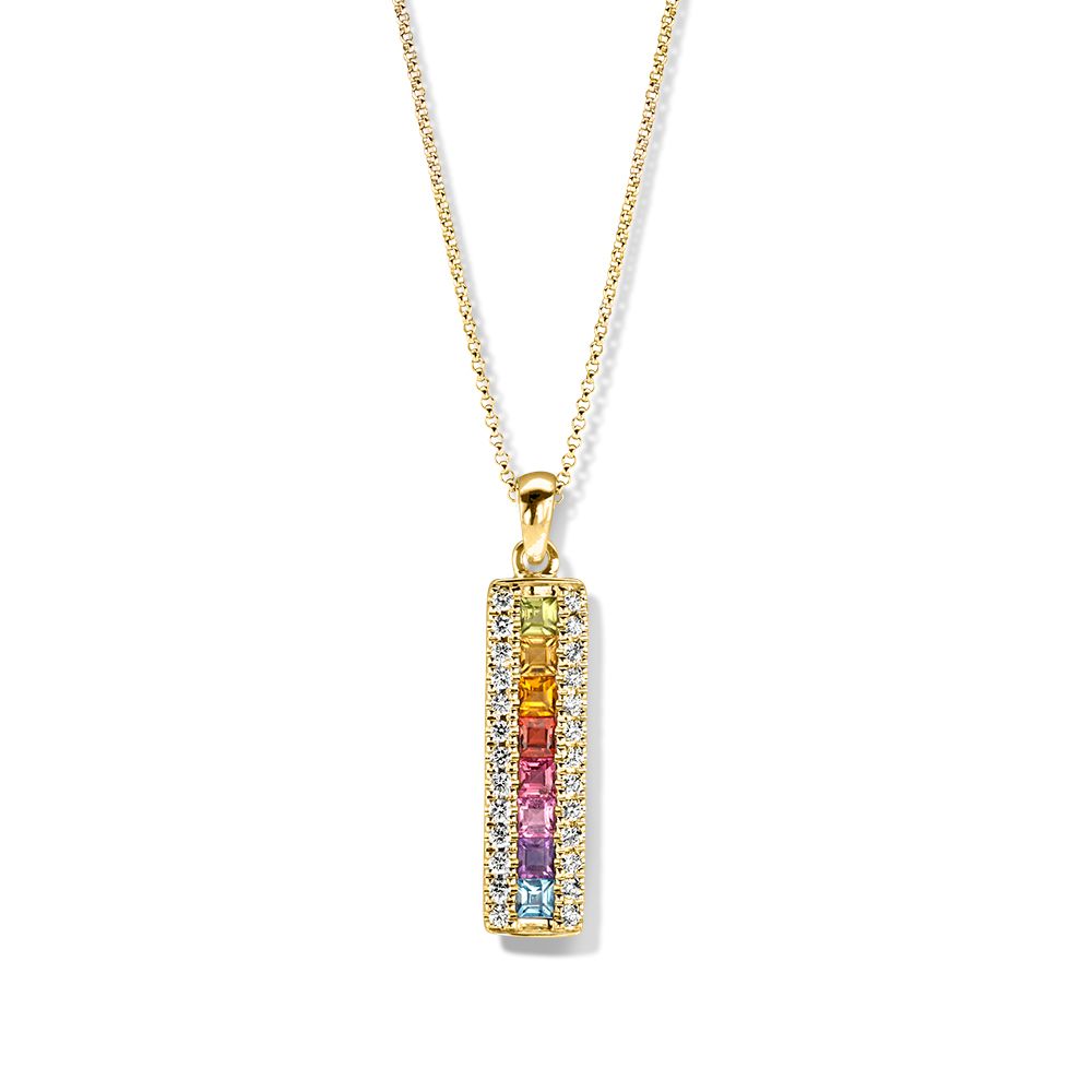 Gelbgoldener Anhänger mit bunten Edelsteinen und Diamanten, rechteckige Form, an feiner Kette