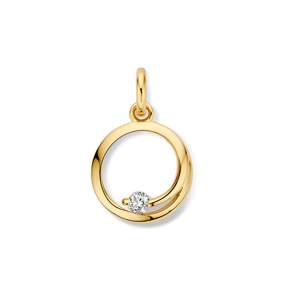 Gelbgoldener Anhänger mit Zirkonia, 14 Karat, 18 mm x 13 mm, runde Form mit glänzender Oberfläche