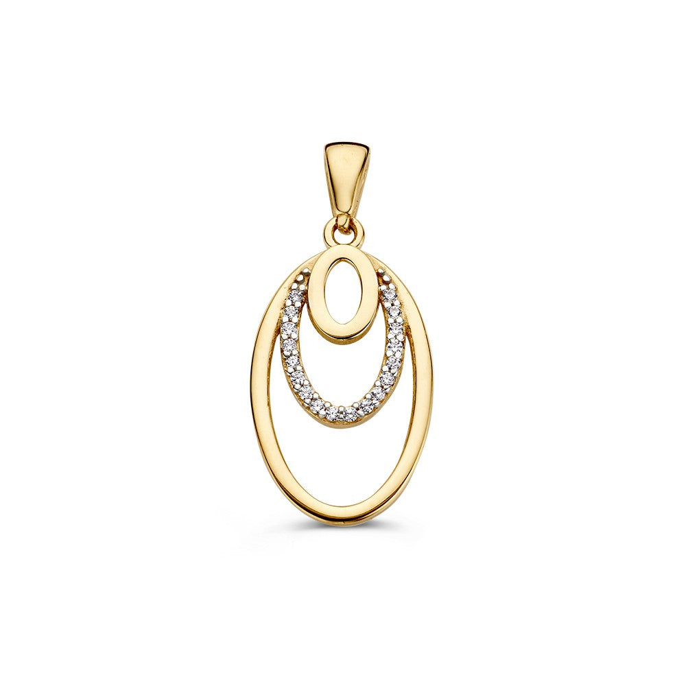 Gelbgoldener Anhänger mit drei ovalen Formen, davon eine mit Zirkonia besetzt, 14 Karat, 26 mm x 12 mm