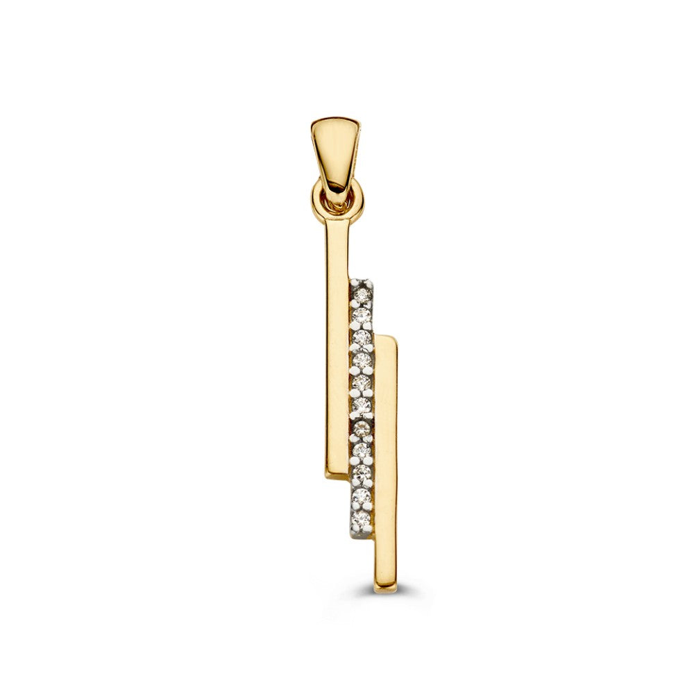 Gelbgoldener Anhänger im modernen Design mit Zirkonia, 30 mm lang und 1,2 g schwer