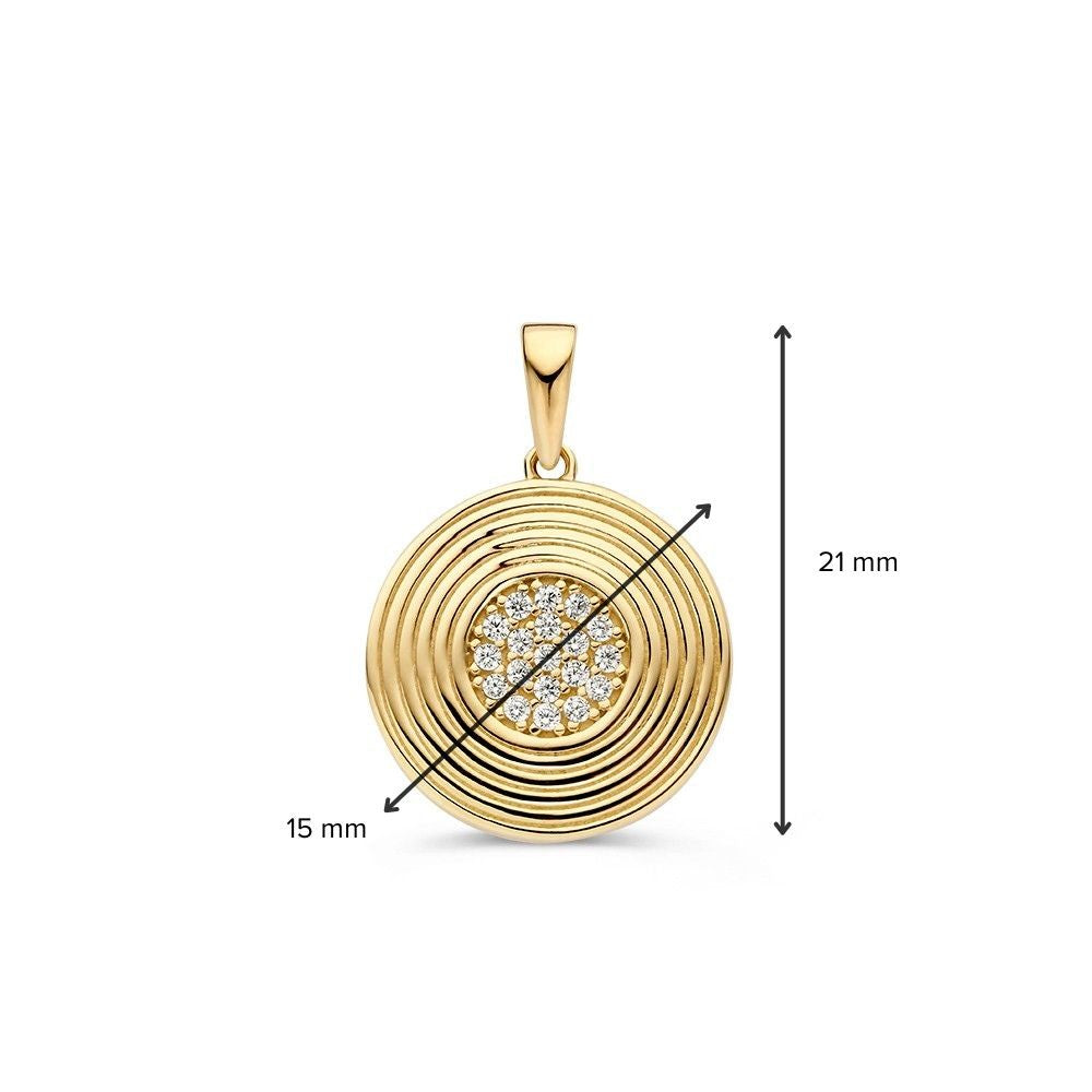 Runder Anhänger aus Gelbgold mit bearbeitetem Rand und Herz aus Zirkonia – 14 Karat, 1,6 Gramm, 15 mm
