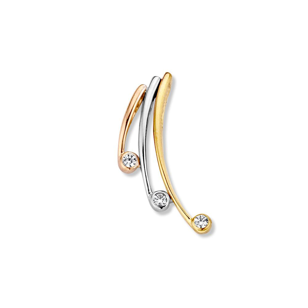 Tricolor Anhänger aus 14 Karat Gold mit weißen Zirkonia, geschwungene Form und drei Steinen