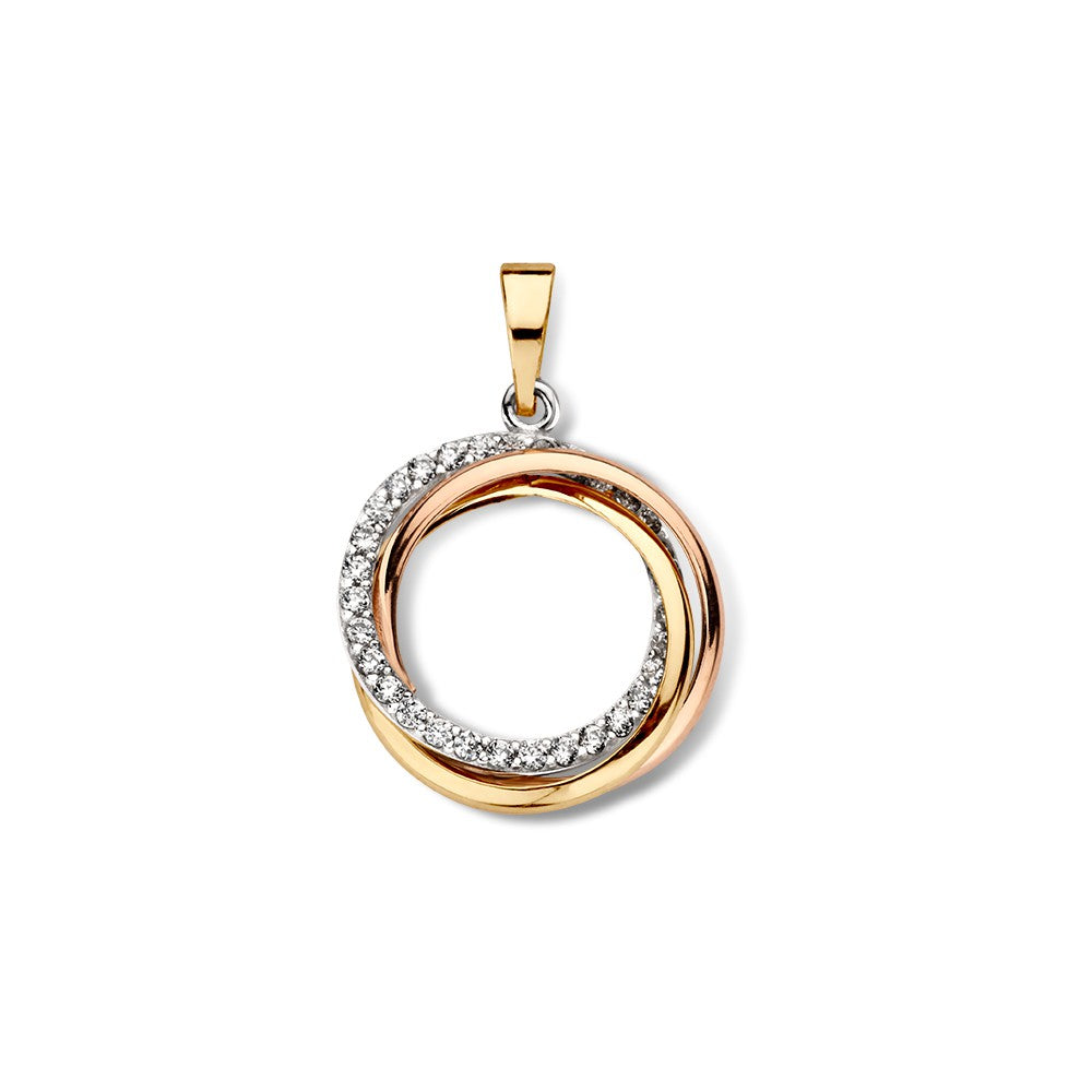 Tricolor Anhänger aus verbundenen Kreisen mit Zirkonia, 14 Karat, 20 mm x 15 mm