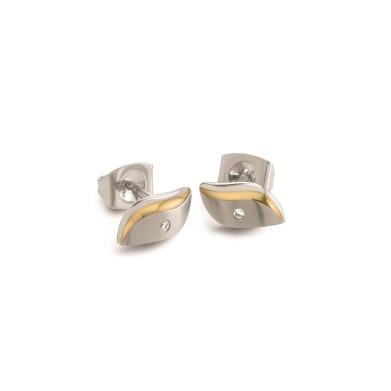 Bicolor Ohrstecker aus Titan mit einer goldenen Linie und einem kleinen Stein
