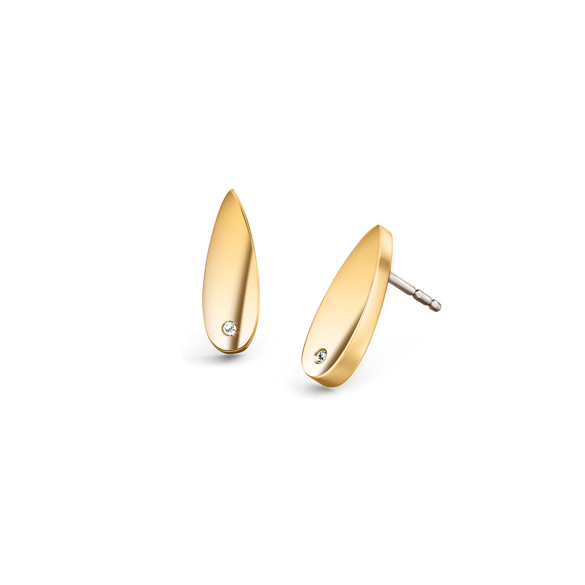 Ohrstecker aus goldfarbenem Titan in Tropfenform mit einem kleinen Diamanten