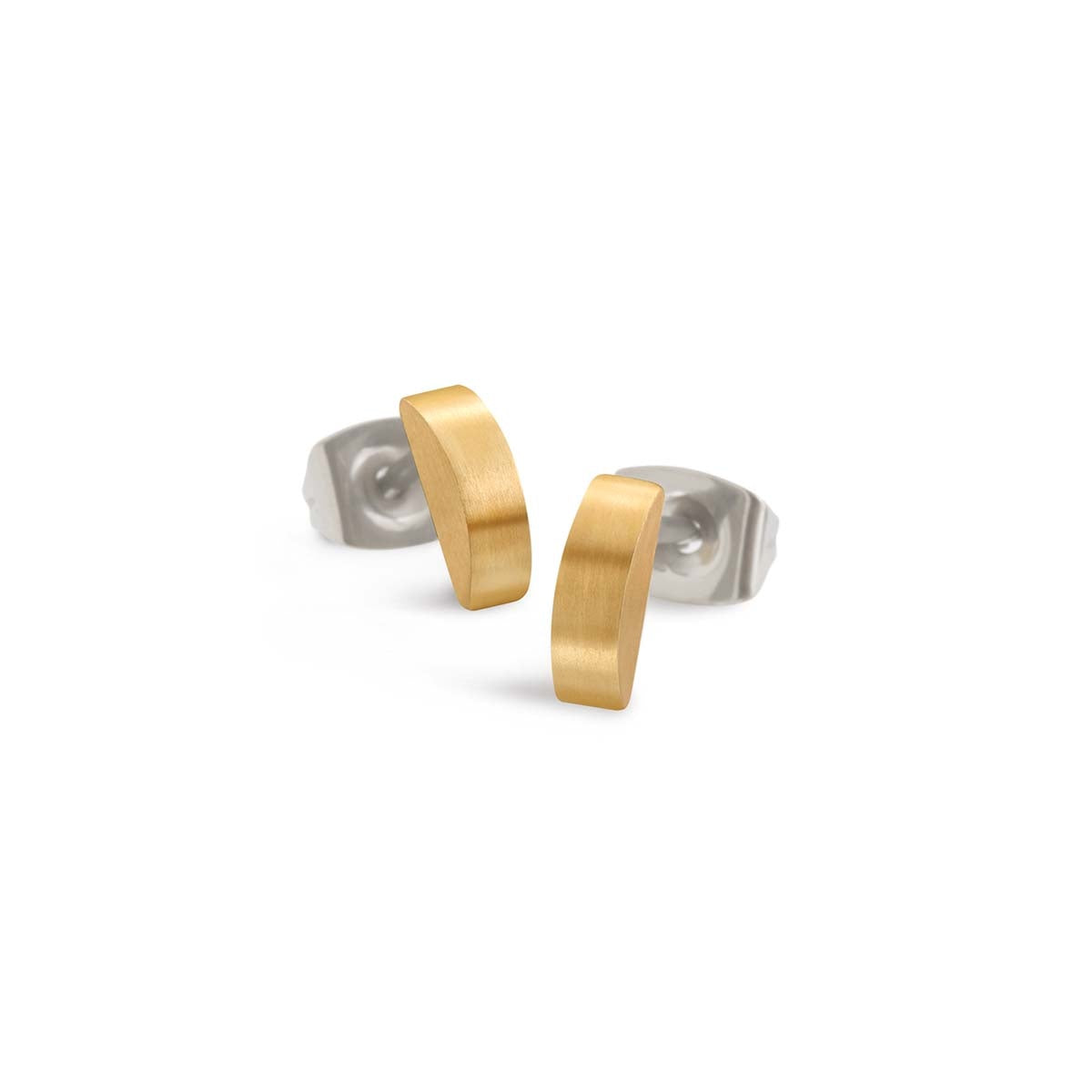 Ohrstecker aus Titan mit goldfarbener, gebürsteter Oberfläche in geschwungener Form