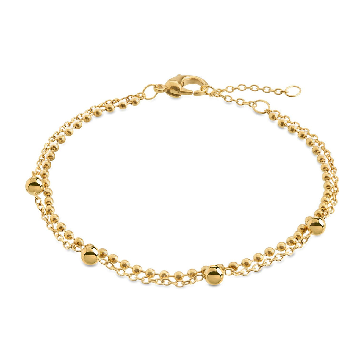 Armband aus vergoldetem Titan mit runden, glänzenden Perlen und feiner Gliederkette