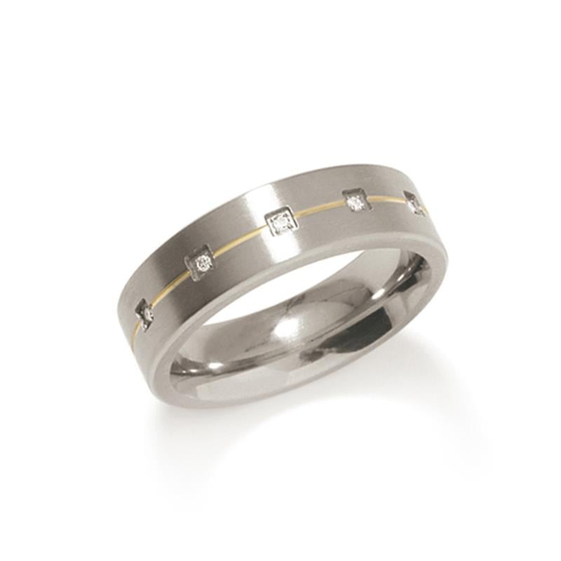 Bicolor Ring aus Titan mit gelber Linie und fünf kleinen Zirkonia-Steinen