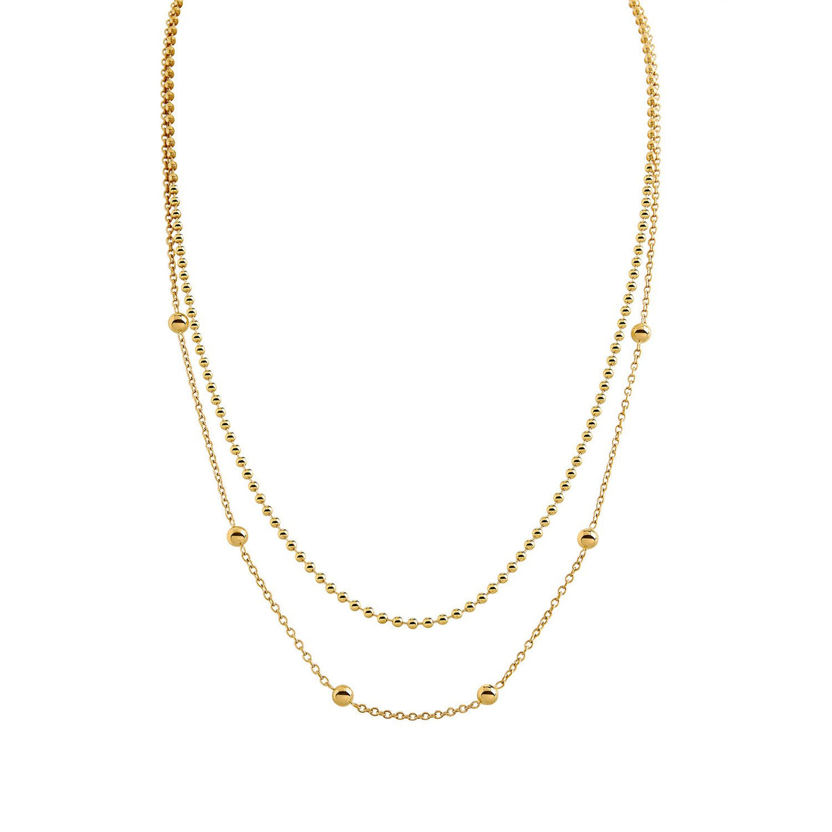 Zweireihige Kette aus goldfarbenem Titan mit runden, goldenen Perlen und feinen Gliederketten.