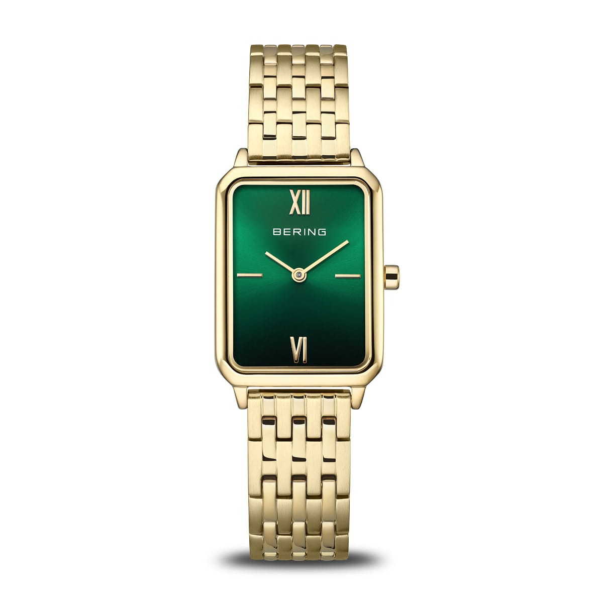 Damenarmbanduhr mit grünem Zifferblatt und goldenem Gehäuse sowie goldenem Mesh-Armband