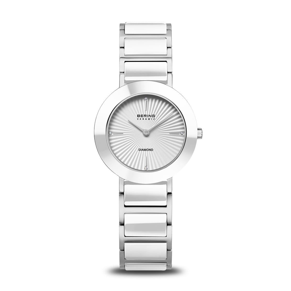 Uhr mit weißem Zifferblatt, silbernem Gehäuse und Armband aus Edelstahl mit glänzender Oberfläche