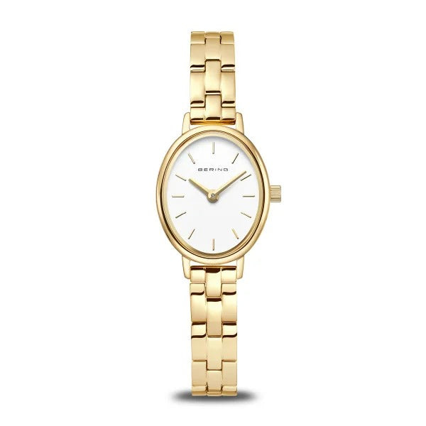 Dameuhr mit goldfarbenem Gehäuse, weißem Zifferblatt und goldfarbenem Armband
