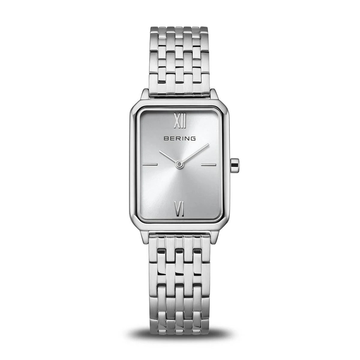 Damenarmbanduhr mit grauem Zifferblatt, rechteckigem Gehäuse und silbernem Mesh-Armband