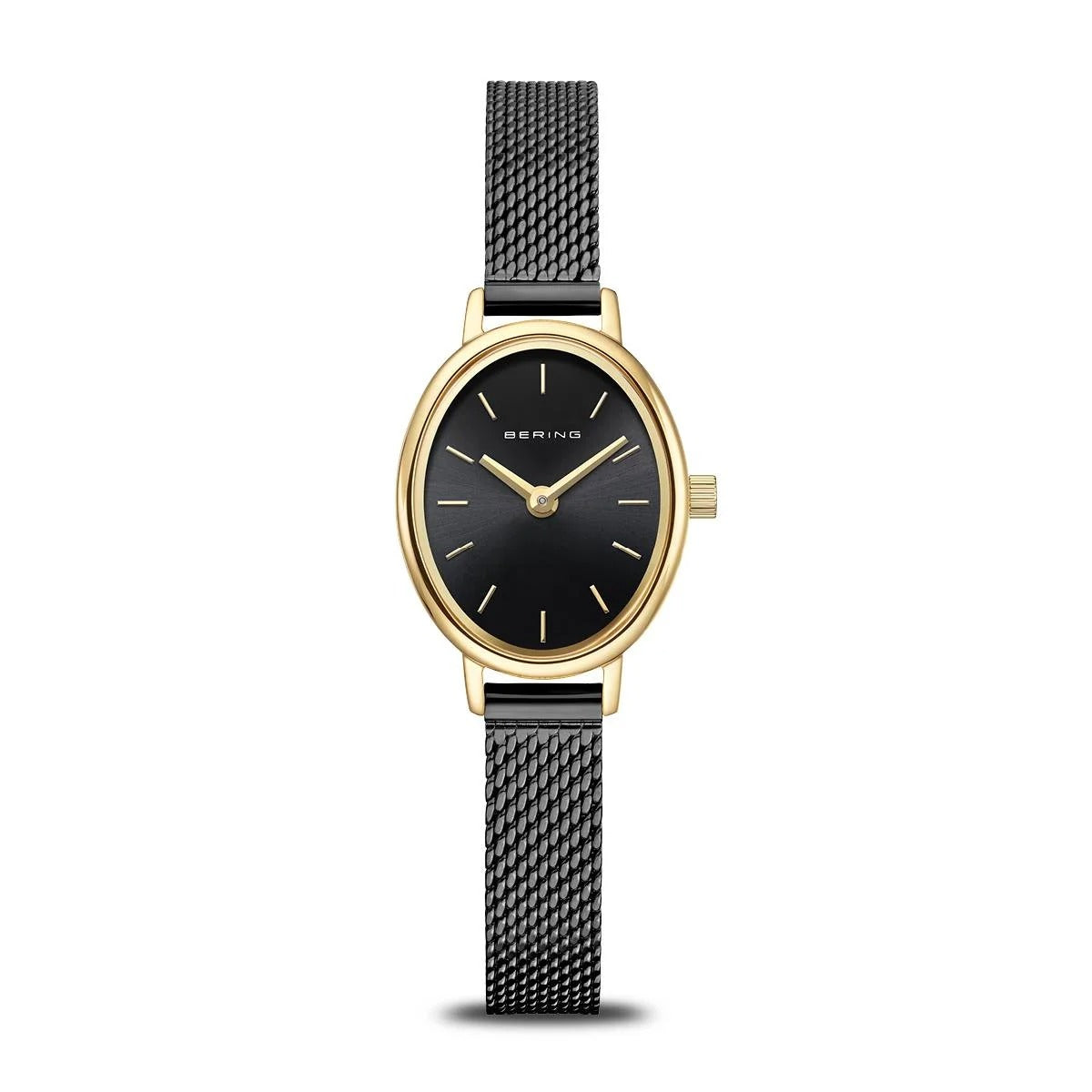 Uhr mit schwarzem Zifferblatt, goldfarbenem Gehäuse und schwarzem Mesh-Armband