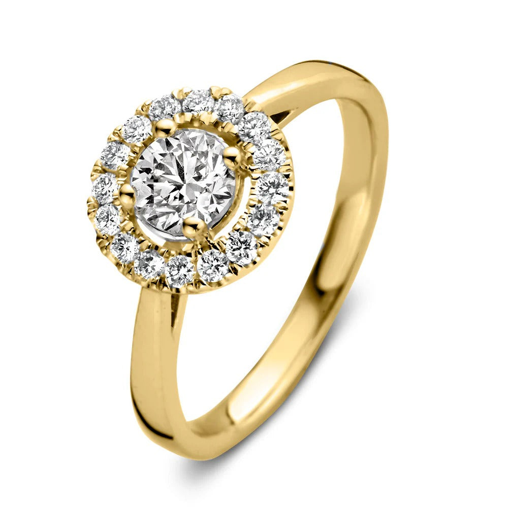 Ring aus 18-karätigem Gelbgold mit rundem Zirkonia und umlaufendem Steinbesatz