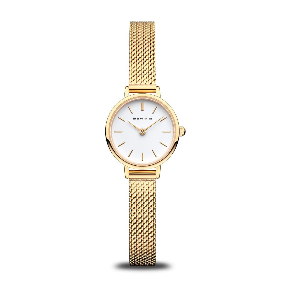 Dameuhr mit goldenem Mesh-Armband und weißem Zifferblatt