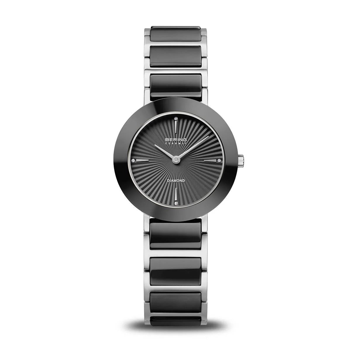 Damenarmbanduhr mit schwarzem Zifferblatt und silbernem Gehäuse, glattes Armband aus Edelstahl.