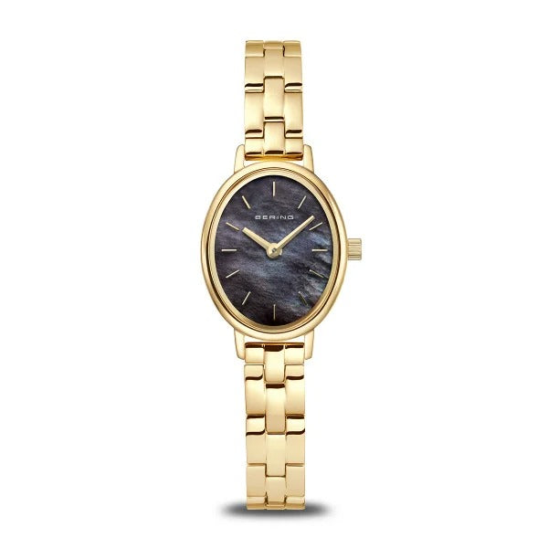 Dameuhr mit ovalem Gehäuse, goldenem Armband und schwarzem Zifferblatt