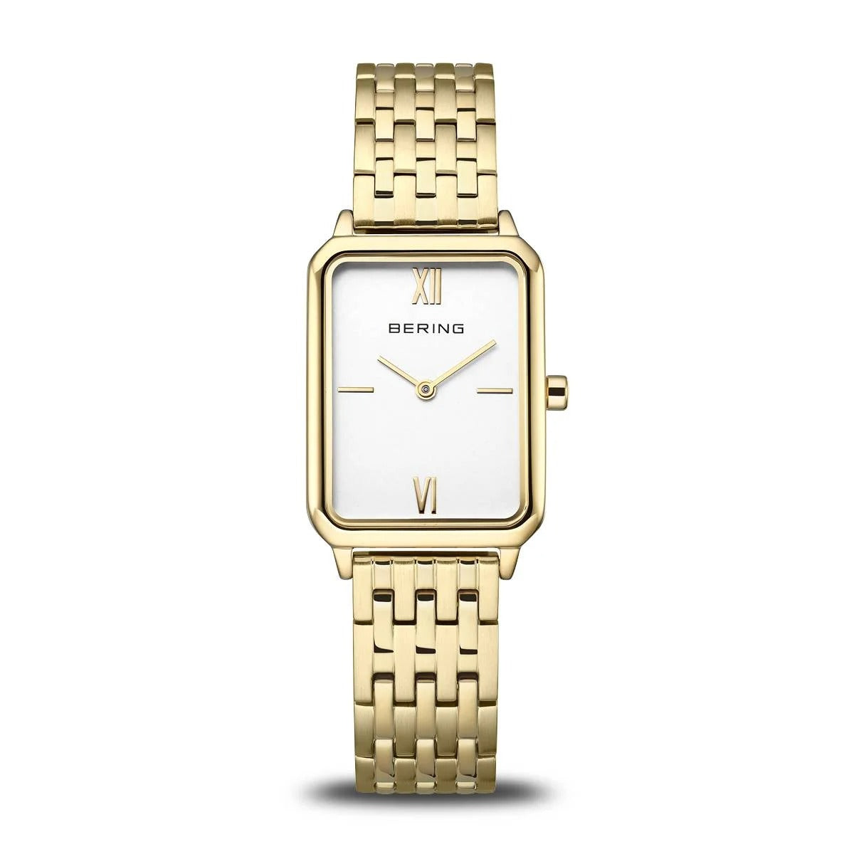 Damenarmbanduhr mit goldfarbenem Gehäuse, weißem Zifferblatt und goldfarbenem Mesh-Armband