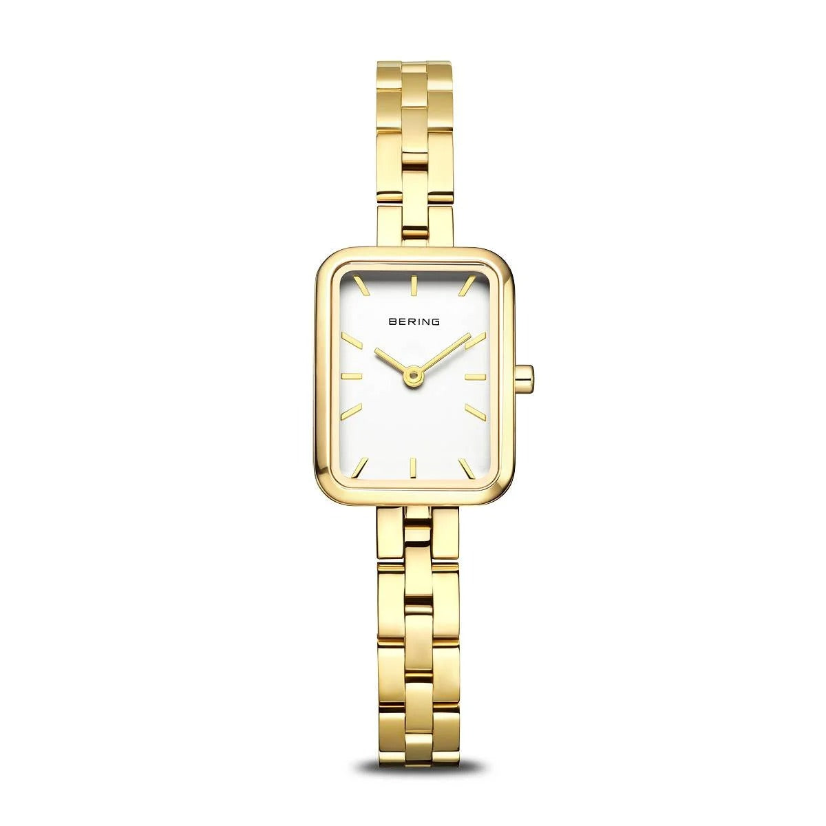 Damenarmbanduhr mit goldfarbenem Gehäuse, weißem Zifferblatt und goldfarbenem Armband