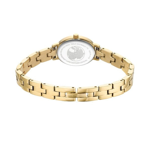 Het Bering dameshorloge 11020-732 in goudkleurig roestvrij staal wordt van de achterkant getoond, waarbij het ronde metalen kastje en de gesloten schakelarmband zichtbaar zijn.