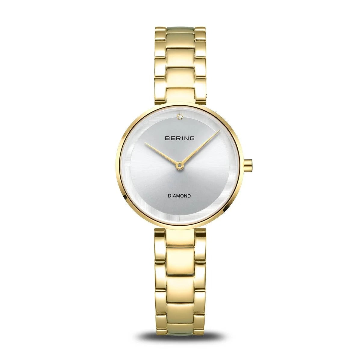 Dameuhr mit goldenem Gehäuse, silbernem Zifferblatt und goldenem Armband