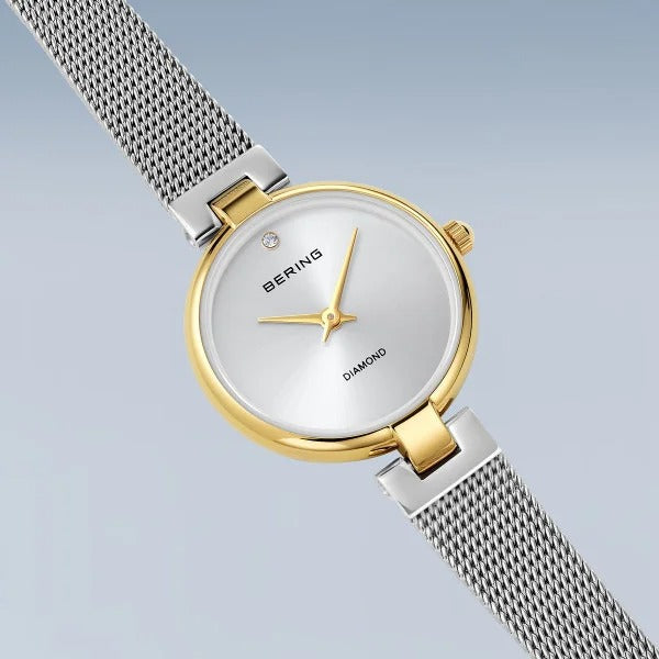 Bering Damenuhr – Classic, goldfarben mit silbernem Milanaise-Armband