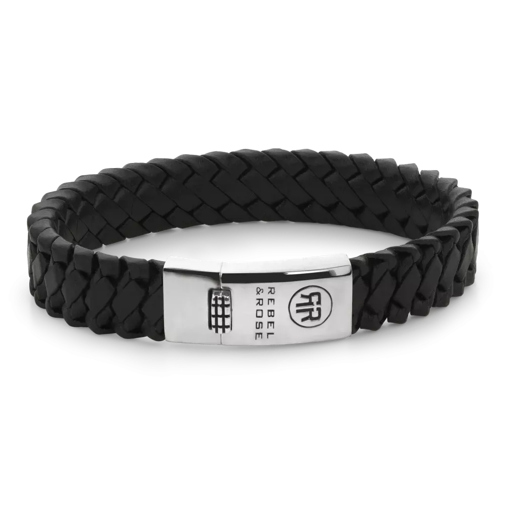 Armband aus geflochtenem schwarzem Leder mit silberner Verschlussplatte