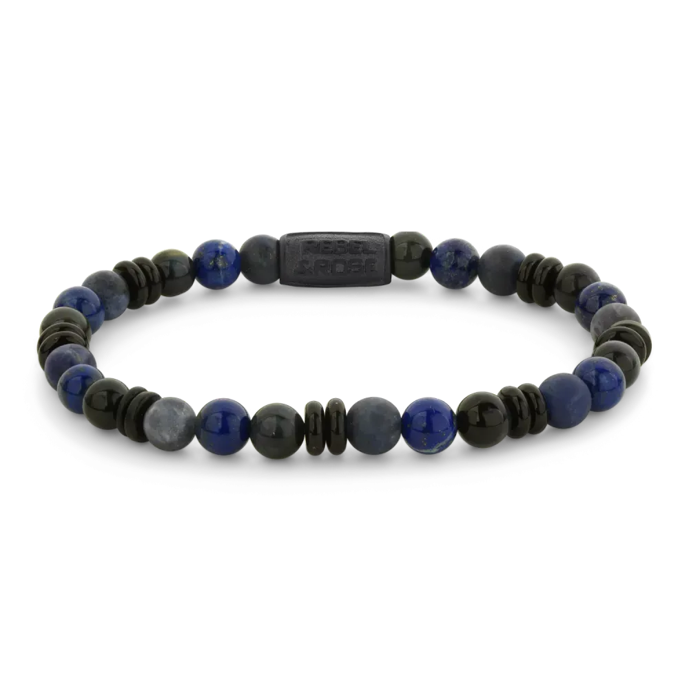 Herrenarmband mit 6 mm blauen und schwarzen Perlen, kombiniert mit metallischen Elementen