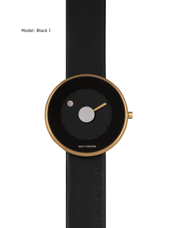 Schwarze Uhr mit goldenem Gehäuse und schwarzem Zifferblatt, minimalistisches Design mit einer einzigen Zeigeranzeige