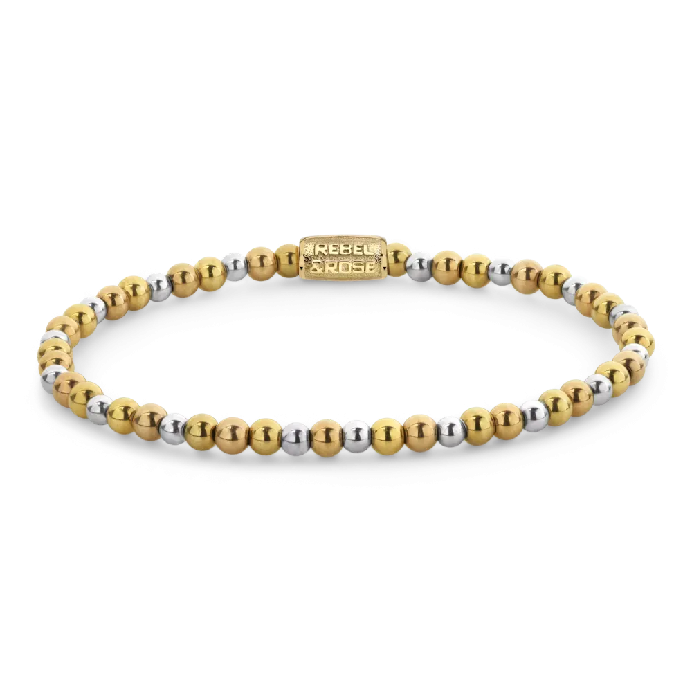 Armband mit goldenen, silbernen und weißen Perlen in verschiedenen Größen