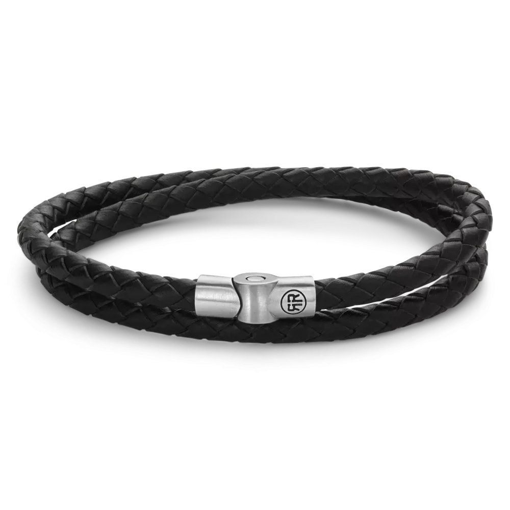 Schwarzes geflochtenes Armband mit doppeltem Design und silberner Verschlussmechanik