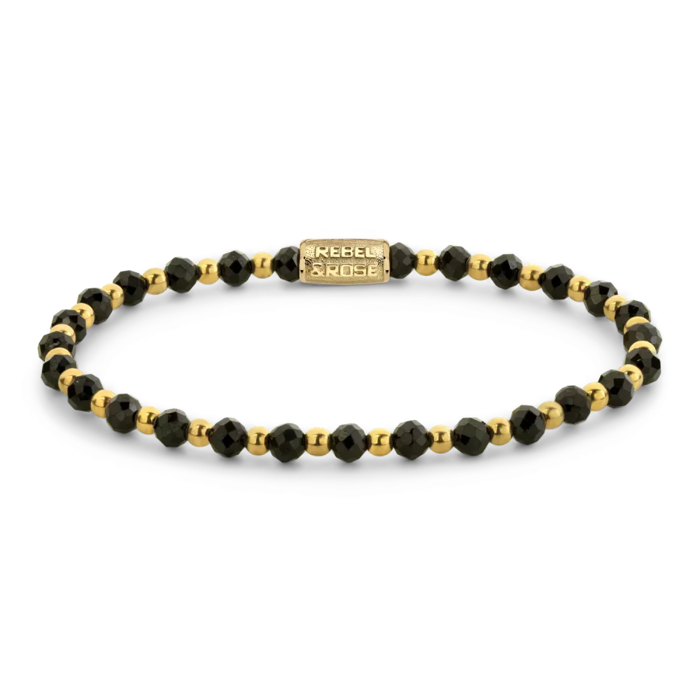 Armband aus schwarzen Steinen und goldenen Elementen mit einem Verschluss aus Edelstahl