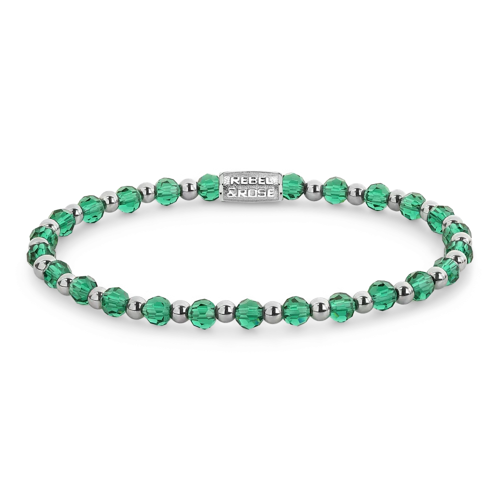 Armband aus Silber mit grünen Edelsteinen und glitzernden Details