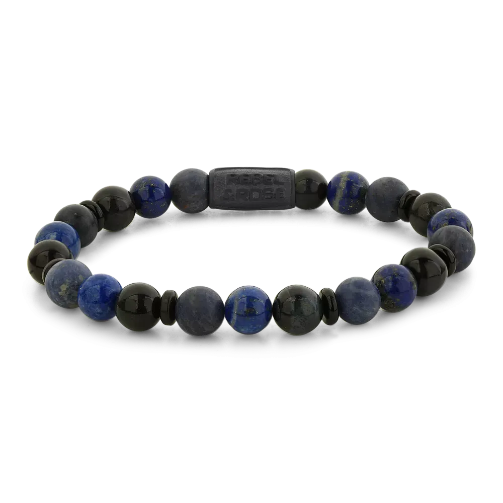 Armband aus 8 mm blauen und schwarzen Edelsteinen mit glatter Oberfläche und elastischem Band
