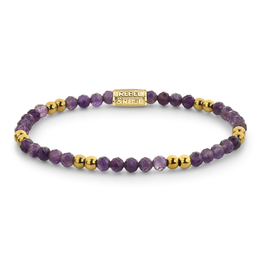 Armband aus lila Amethyst mit goldenen Perlen und einem goldenen Element in der Mitte