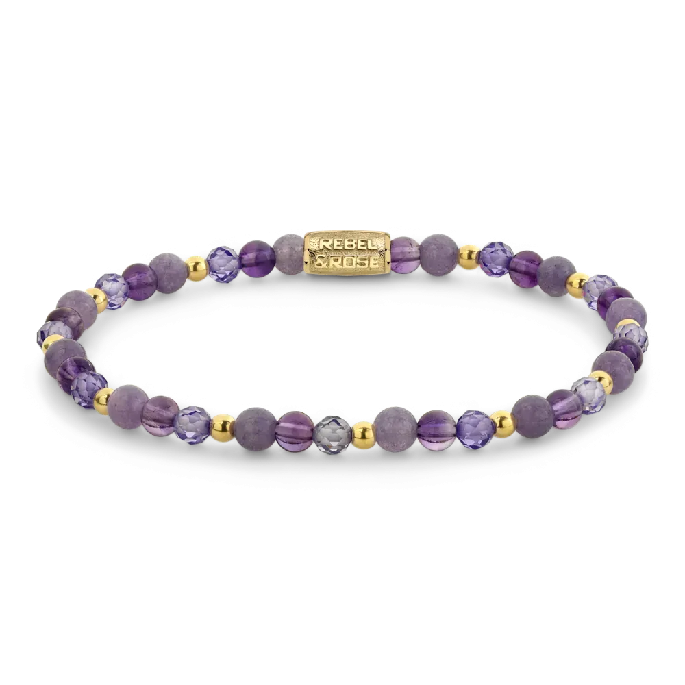 Armband mit lila und goldenen Perlen, kombiniert mit verschiedenen Amethyststeinen