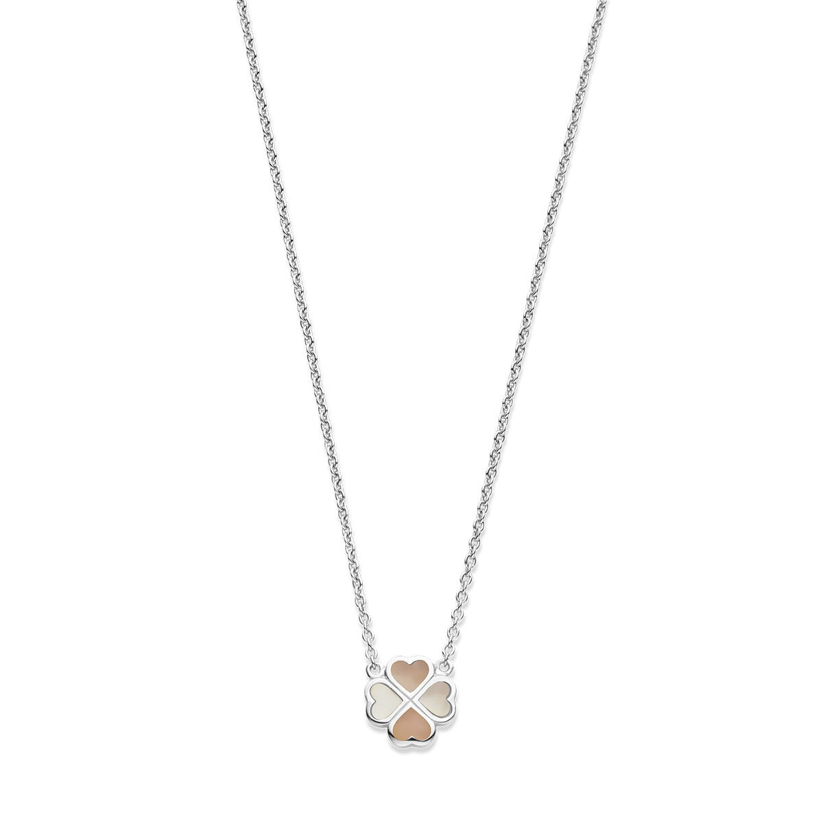 Silberne Kinderkette mit rhodiniertem Anhänger in Form eines Kleeblatts aus rosa und weißem Perlmutt