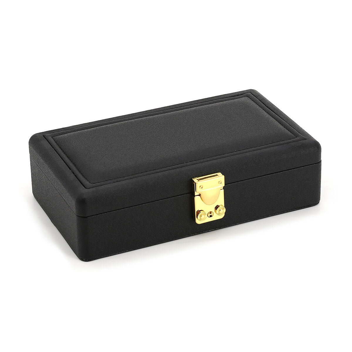 Schwarze Schmuckbox mit goldfarbenen Details, kompakt und stilvoll gestaltet