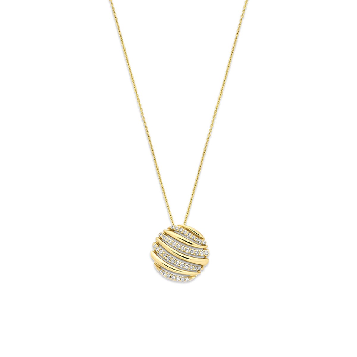14k Gelbgoldenes Collier mit 0,15 ct Diamanten und rundem Anhänger mit geschwungenen Linien
