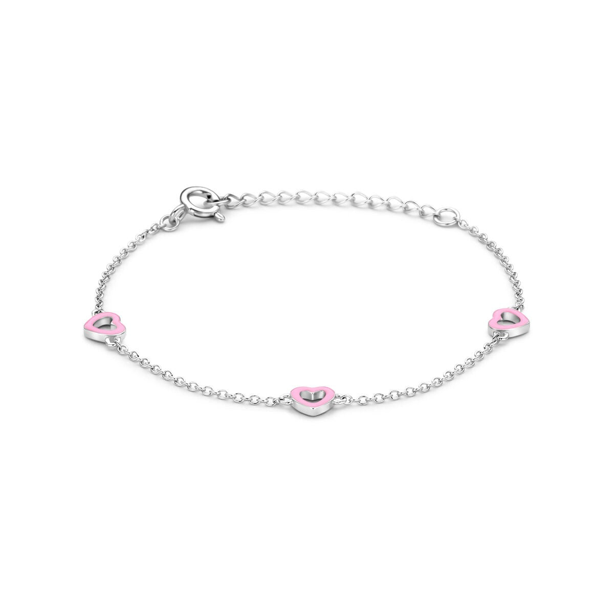 Kinderarmband aus rhodiniertem Silber mit rosa Herzchen und kleinen Steinen