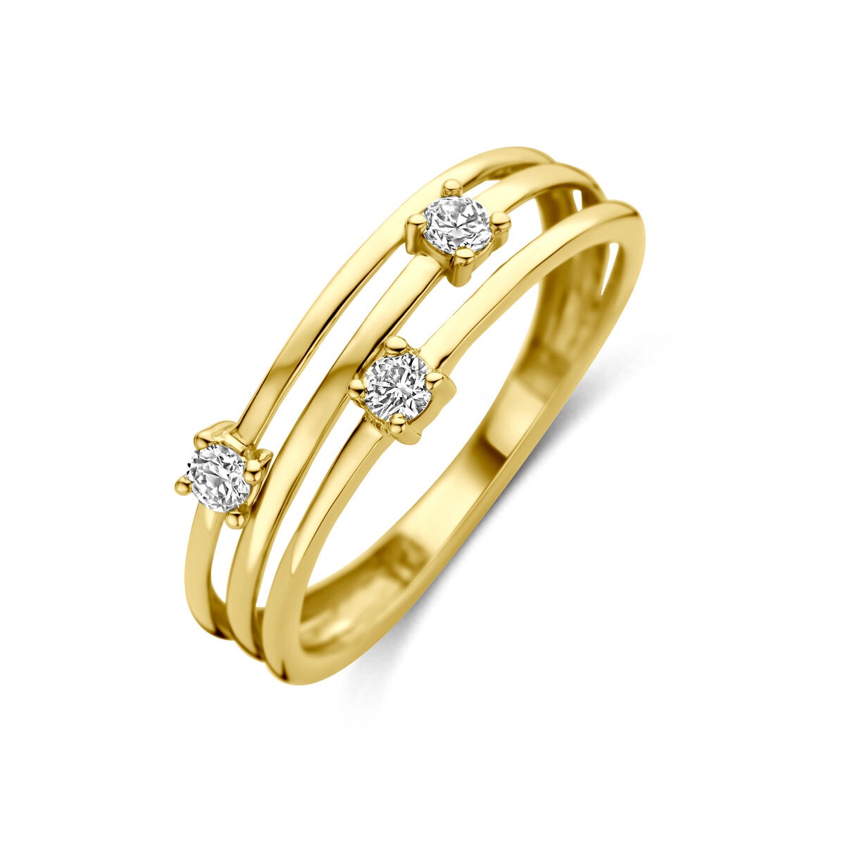 Ring aus 14k Gelbgold mit drei lab-grown Diamanten in schlichten Fassungen